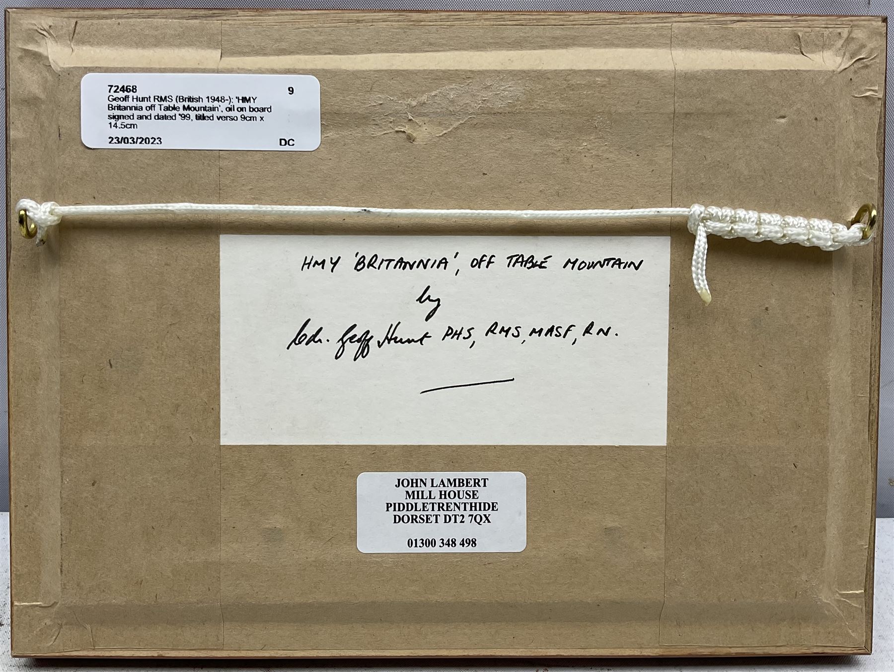 Geoff Hunt RMS (British 1948-): 'HMY Britannia off Table Mountain', oil on board signed and dated '99, titled verso 9cm x 14.5cm