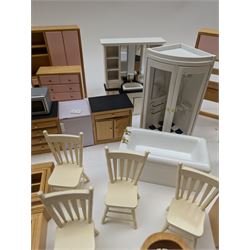 Modern 1:12 scale dolls house furniture, comprising pine kitchen set, with wall cabinets, floor cabinets and sink unit, white wooden bathroom suite, white wooden kitchen and dining room furniture and appliances, wooden bedroom furniture, Raine purple wingback chair, tv, desk, fish tank, etc