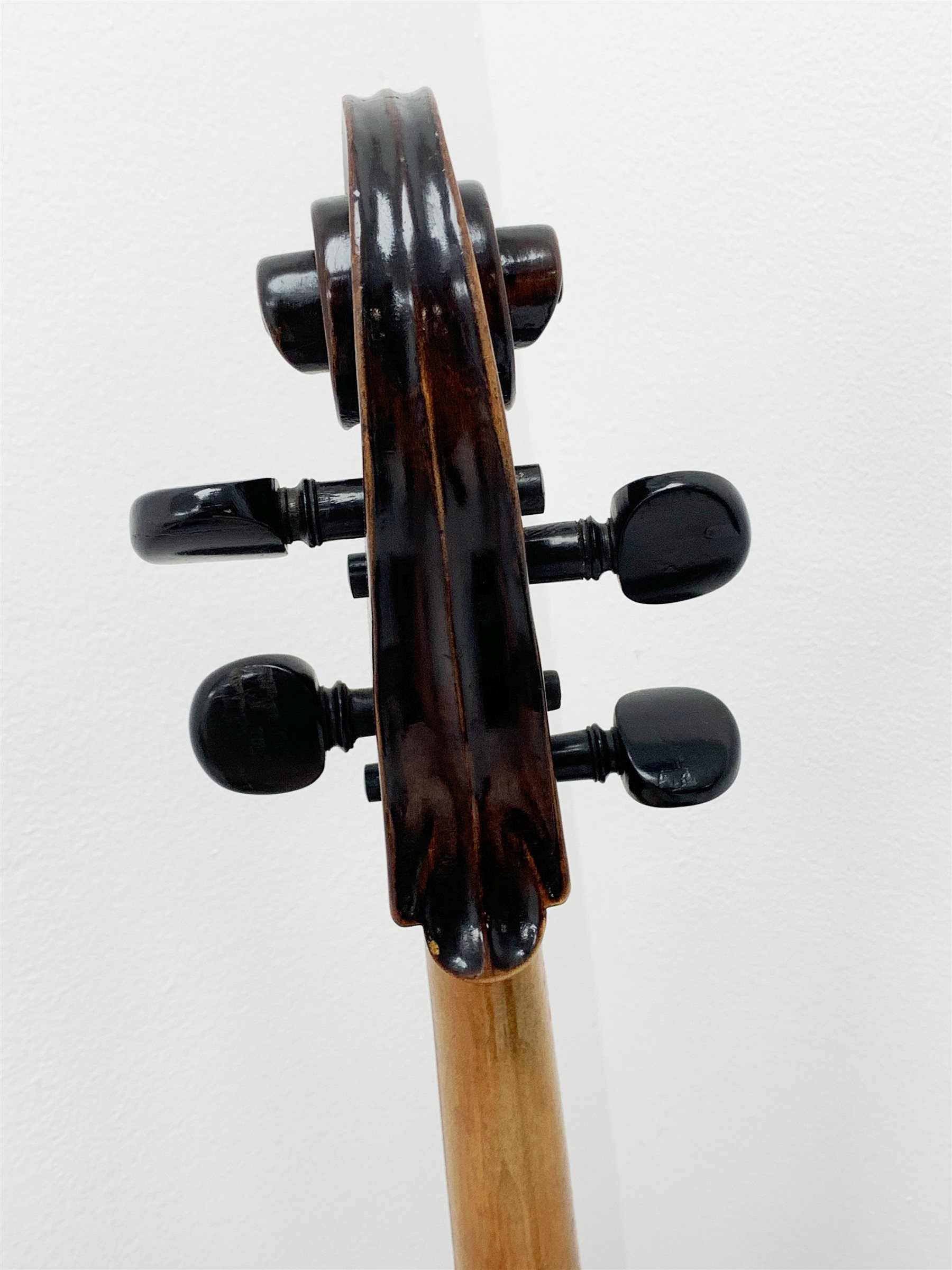  Early 20th century French Mirecourt cello with 76cm two-piece maple back and ribs and spruce top, bears label Michel-Ange Garini L123cm, in modern quality soft carrying case  