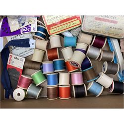  Victorian sampler worked with the alphabet by Carrie Monkman 1886, Victorian silver-plated cigarette case, Carlo simulated tortoiseshell motorised fan in case, Folding Opera Glasses, two chrome leaping Jaguar brooch and matching pin badge, quantity of sewing threads, lace etc