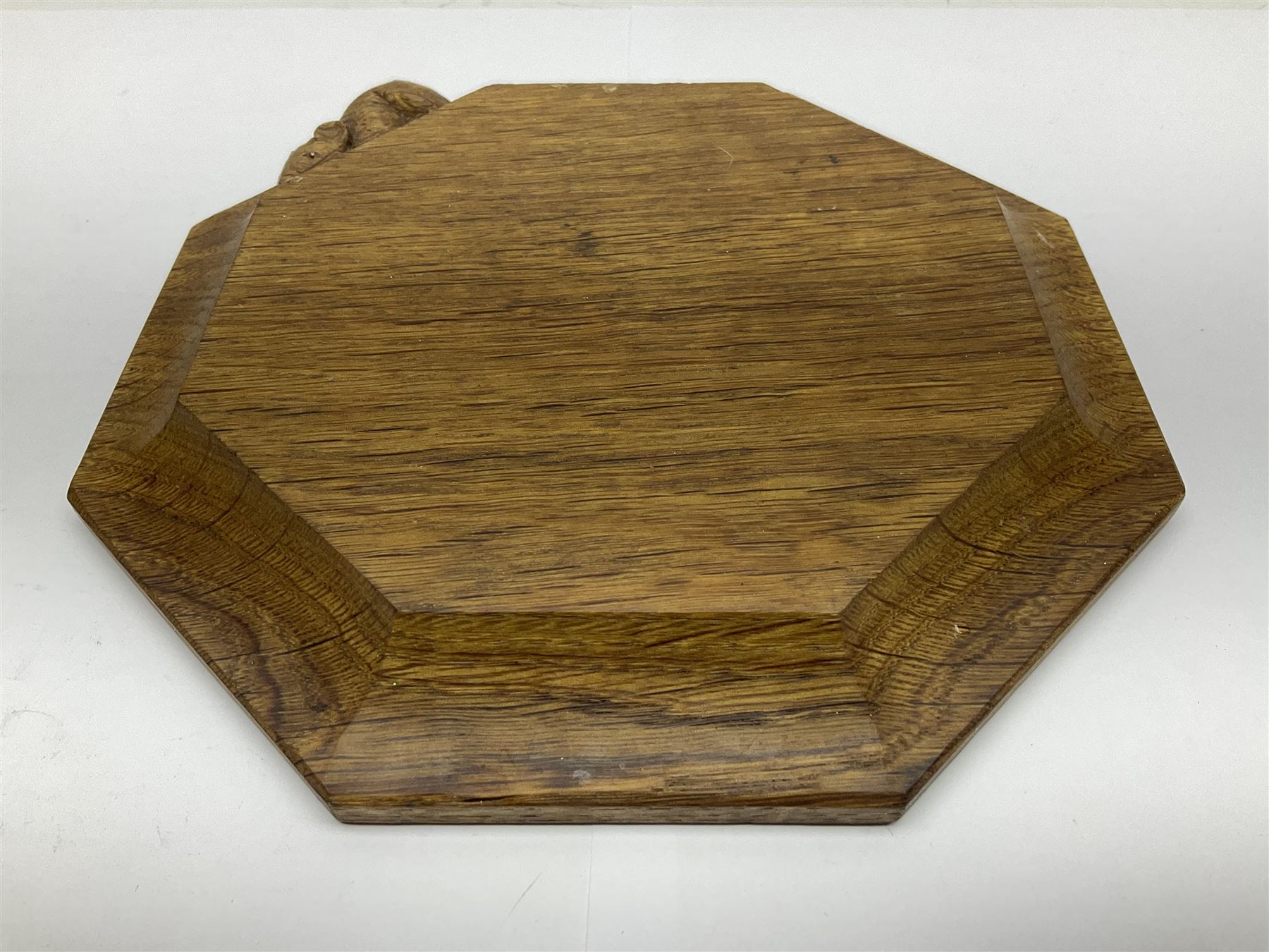 Mouseman - oak octagonal chopping board or teapot stand, moulded edge carved with mouse signature, by the workshop of Robert Thompson, Kilburn