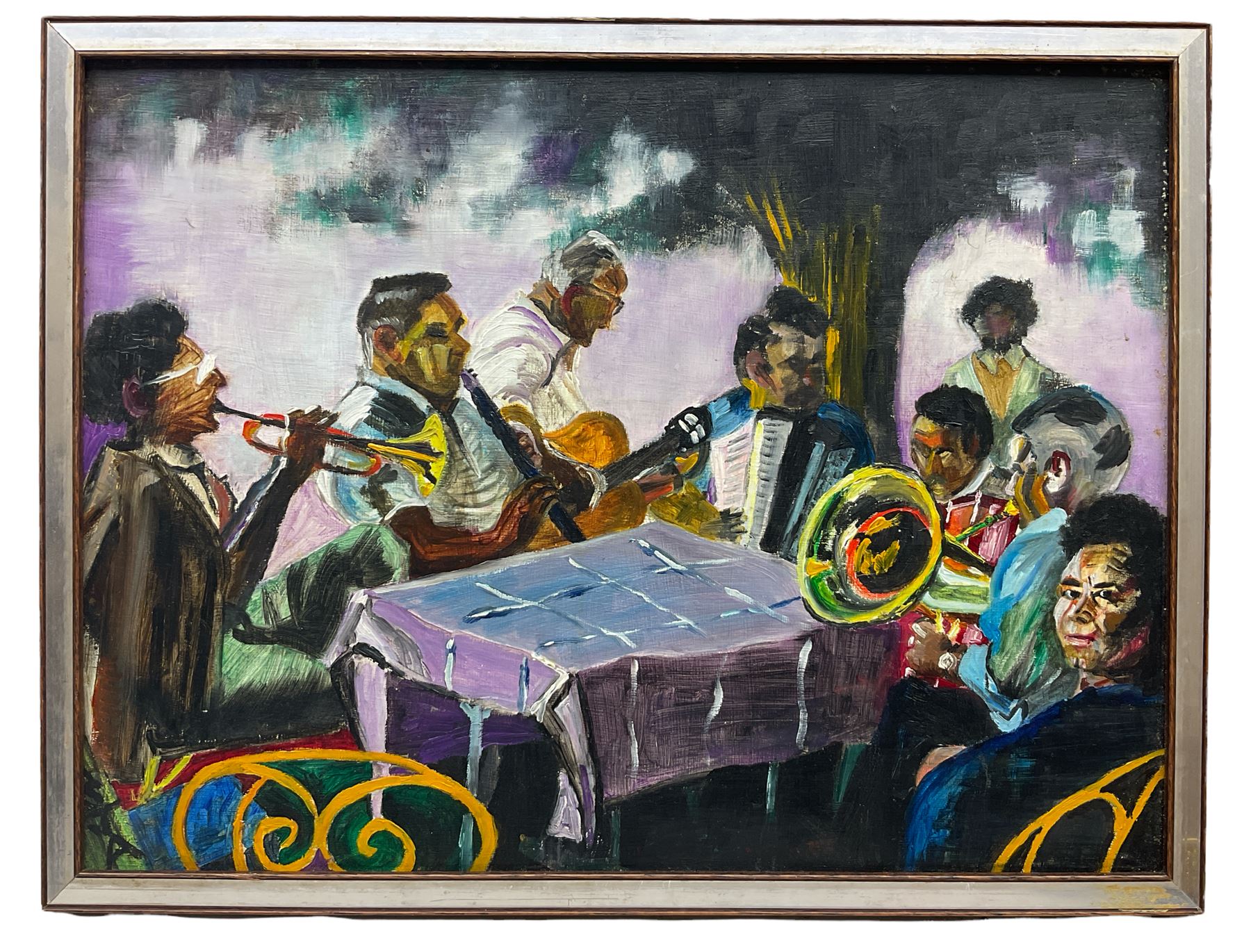 Sue Atkinson (Northern British 1949-2021): 'Bellagio Musicians - Lake Como, oil on canvas signed with initials, titled on label verso 30cm x 40cm