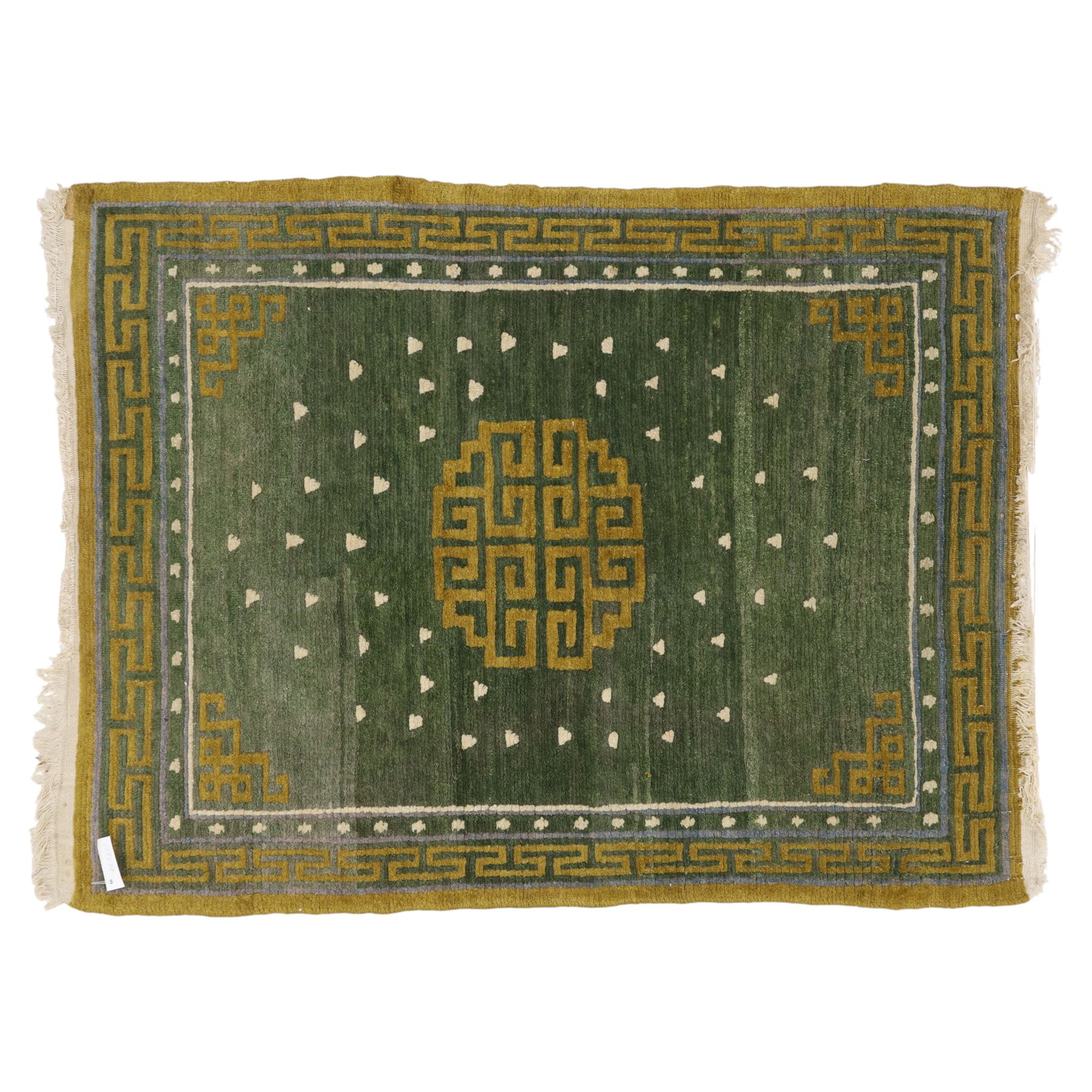 Chinese Ningxia rug, green field with central stylized shou medallion and scattered cloud motifs within key fret borders in shades of olive green, fringe ends partially detached 