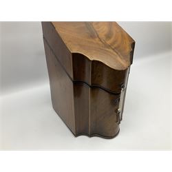 George III mahogany knife box, of serpentine fronted form with strung detail to the hinged cover and body, opening to reveal a fitted interior, H36.5cm