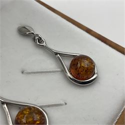 Pair of silver Baltic amber pendant earrings, stamped 925, boxed 
