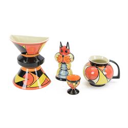 Lorna Bailey ceramics, including Oldcourt Ware jug, Bauhaus pattern wall pocket, cat figur...