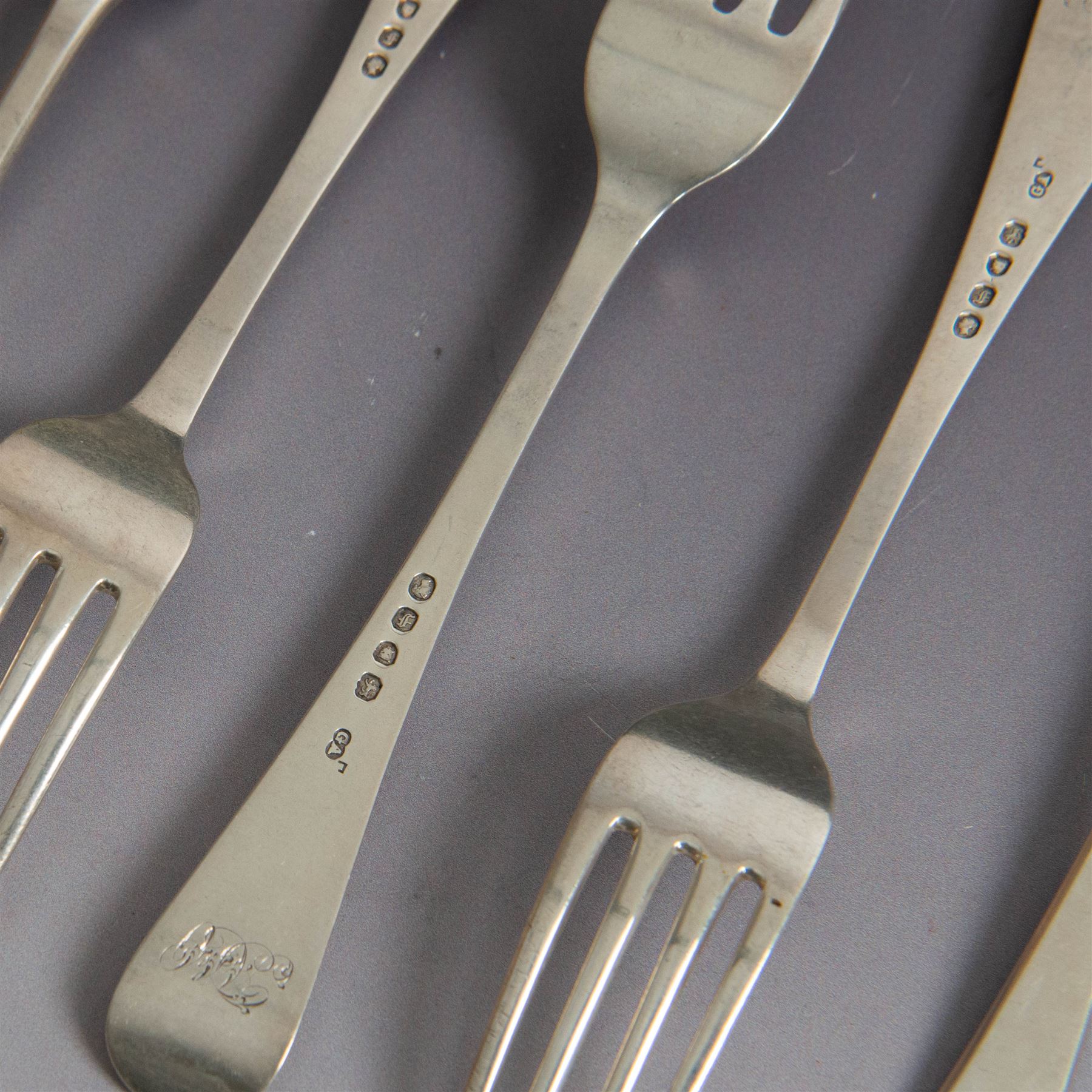 Set of six Victorian silver Hanoverian pattern table forks, engraved with monogram verso, hallmarked 	Chawner & Co, London 1841