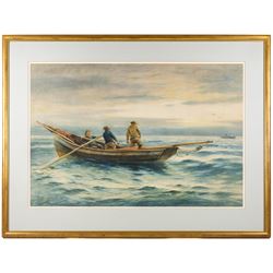 Robert Jobling (Staithes Group 1841-1923): Coble Pulling up the Nets, watercolour signed 56cm x 83cm