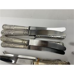 Silver Kings pattern knife, hallmarked Walker & Hall, together with a quantity of silver plated Kings pattern cutlery, including items by Osbourne's and United Cutlers, comprising table knives, table forks, table spoons, serving forks, ladle, berry spoons, teaspoons, dessert forks, cake slice, etc