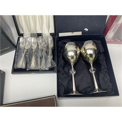 Silver plate including set of six Oneida steak knives with pistol grip handles, in original box, set of six cased cake forks, pair of goblets, etc, together with a pair of Belleek Celtic pattern mugs, 