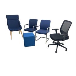 Elite - black office swivel chair (W61cm H98cm); together with Elite - pair office armchairs and high back office chair, upholstered in navy blue; and office cube