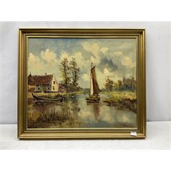 Nomans (Continental 20th century): River Landscape with Boats and Cottage, oil on canvas signed 49cm x 59cm