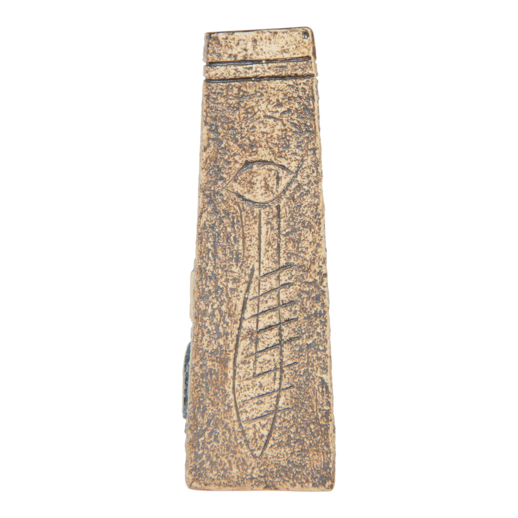 Louise Jinks for Troika Pottery, coffin vase with with incised geometric decoration, signed to base, H17cm 