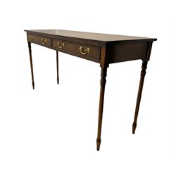 Georgian style mahogany side table, crossbanded and inlaid with chequered detail, fitted with two drawers