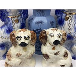 Pair of blue Staffordshire style dogs, together with a smaller brown pair, fish vase, oriental style ginger jar and four preserve jars including a Shelley example