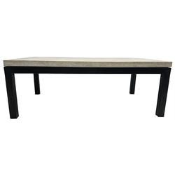 Contemporary coffee table, rectangular stone top over ebonised base
