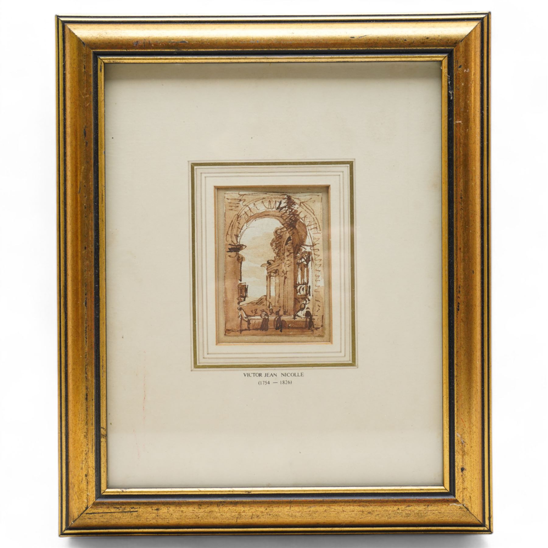 Victor Jean Nicolle (French 1754-1826): Italianate Capriccio View through a Classical Arch, sepia watercolour attributed on the mount 9cm x 6cm
