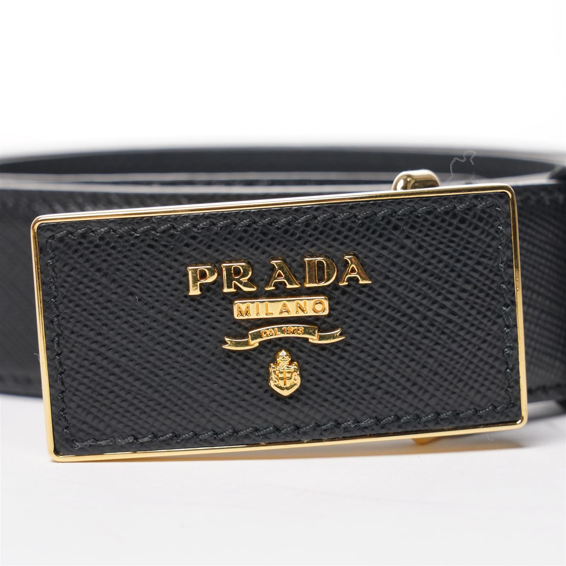 Prada - black Saffiano leather belt with gold-tone hardware logo buckle, size 36/90, with original dust bag