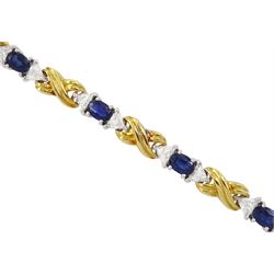 18ct gold eight oval cut sapphire and sixteen trillion cut diamond bracelet, total diamond weight approx 3.25 carat, total sapphire weight approx 4.50 carat
