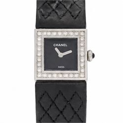 Chanel Matelassé ladies diamond stainless steel quartz wristwatch, black quilted dial, wit...