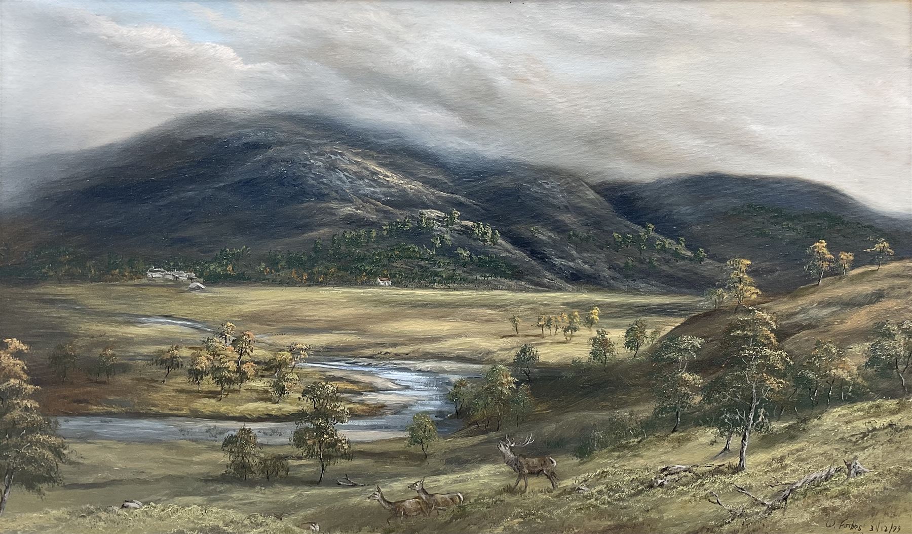 Willie Forbes (Scottish Contemporary): Stag and Deer in the Highlands, oil on canvas signed and dated '99, 34cm x 57cm 