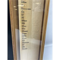Two signed Yorkshire County cricket bats, bearing signatures including Anthony McGrath, Jacques Rudolph, Michael Vaughn and Matthew Hoggard, etc, both within glazed presentation boxes, box H86.5cm, together with a framed Darren Gough signed presentation print by Gary Keane