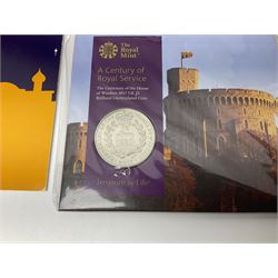 Coins and sets, including two United States of America proof sets dated 1972 and 1987, The Royal Mint United Kingdom 1995 proof coin collection in red folder with certificate, 2017 'A Century of Royal Service' brilliant uncirculated five pound coin on card, various Gibraltar and similar commemorative crowns, Gibraltar 2017 'Christmas' fifty pence coin in card etc