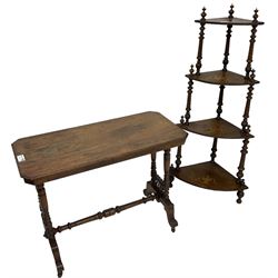 Victorian walnut corner whatnot, four graduating tiers each inlaid with urn motif, on twist turned supports (W60cm, H129cm); late Victorian walnut stretcher table, rectangular moulded top with canted corners, on turned pillar supports united by turned stretchers (89cm x 43cm, H68cm)