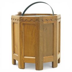 Mouseman - octagonal oak planter or log bin, with contrasting fumed oak panels, penny moulded top, with a cylindrical removable steel bucket, on eight short legs, with carved mouse signature, by the workshop of Robert Thompson of Kilburn, with 1997 original purchase receipt