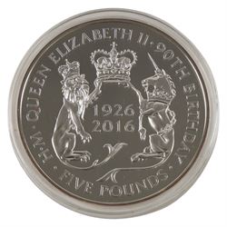 Queen Elizabeth II Tristan da Cunha 2016 'Queen Elizabeth II 90th Birthday' five ounce silver proof twenty-five pound coin, issued by the Jubilee Mint, cased with certificate