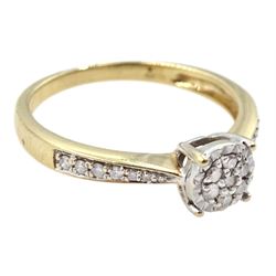 9ct gold diamond cluster ring, with diamond set shoulders hallmarked