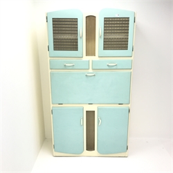  1950s painted kitchen cabinet, two glazed doors, two drawers and cupboards, fall front, W101cm, H189cm, D46cm  