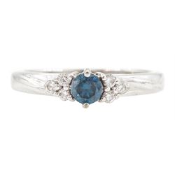 18ct white gold seven stone, round brilliant cut blue and white diamond ring, hallmarked, ...