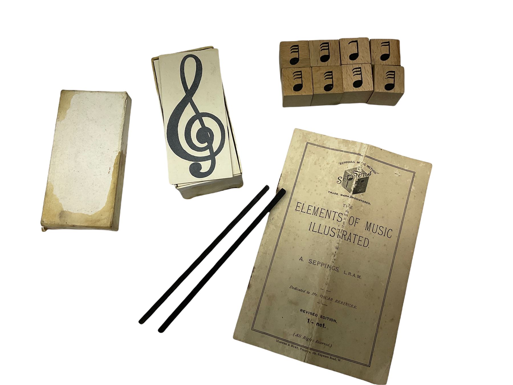 'Seppings Music Method' - type of music method by which Benjamin Britten was taught to sight read c1920 comprising wooden blocks and cards fitted onto wooden staves; in beech box with instruction booklet entitled 'The Elements of Music Illustrated'