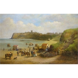  George Farrington Hornibrook (British c1843-1882): Scarborough' North Bay Pier with Figures Donkeys and Bathing Machines, oil on canvas signed and dated 1877, 50cm x 75cm Notes and Provenance: in 1876 Hornibrook was commissioned to paint a large painting of 'The Burning of the Spa Saloon' Scarborough which occurred on the 8th Sept., now part of the Scarborough Art Gallery Collection. This picture painted the following year celebrates the opening of the new pier (started in 1866 and destroyed by the storm in 1905) is illustrated in 'Scarborough a Pictorial History' by R J Percy 1877. The artist is listed as living at 5 St John's Terrace Falsgrave Scarborough in 1879  
