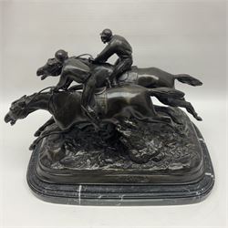 After E Loiscay, bronzed figure group, modelled as two race horses, signed E Loiscay, upon a stepped marble plinth, overall H28cm