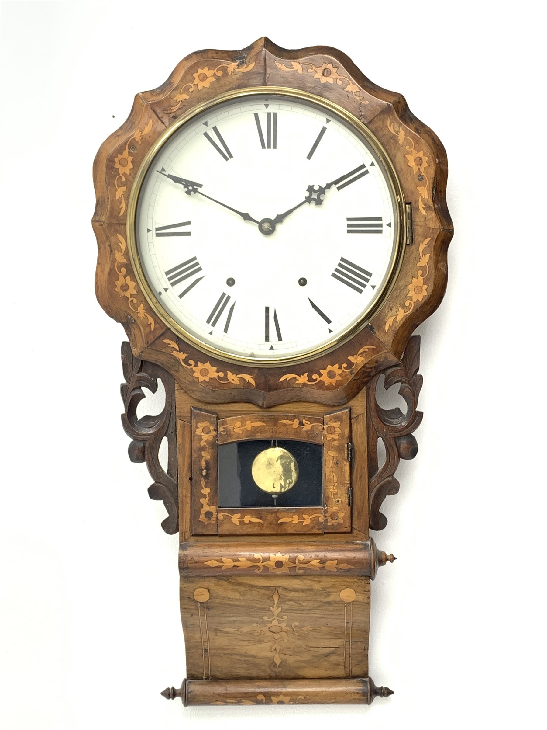 19th century drop dial wall clock, shaped front with circular Roman