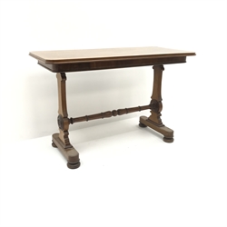  Victorian mahogany stretcher table, shaped solid end supports joined by single turned stretcher, on bun feet, W126cm, H79cm, D59cm  