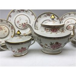 Royal Doulton Canton pattern tea and dinner wares comprising teapot, milk jug, twin handled lidded sucrier, cake plate, six dinner plates, six side plates, five smaller plates, five saucers and pair of candlestick holders, together with Sevres clear glass decanter with faceted sides and stopper, all with marks beneath