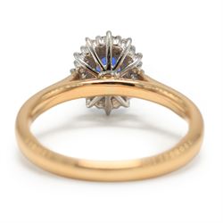 18ct rose gold sapphire and diamond cluster ring, single oval cut sapphire of approx 1.25 carat, with round brilliant cut diamond surround, hallmarked, total diamond weight approx 0.25 carat