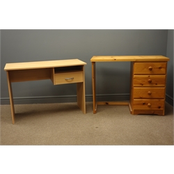  Pine single pedestal desk with four drawers (W100cm, H76cm, D45cm), and a beech desk (W100cm, H72cm, D48cm)  