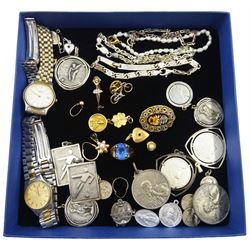 Gold blue stone set ring, gold pearl pendant, three other pendants and two single earrings, all 18ct stamped or tested, silver bicycle pin, silver-gilt ballerina brooch, Micro mosaic gilt brooch, silver bracelets and medallions and two watches