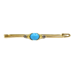  Continental 18ct gold (tested), oval cabochon turquoise and diamond bar brooch, foreign hallmarks  