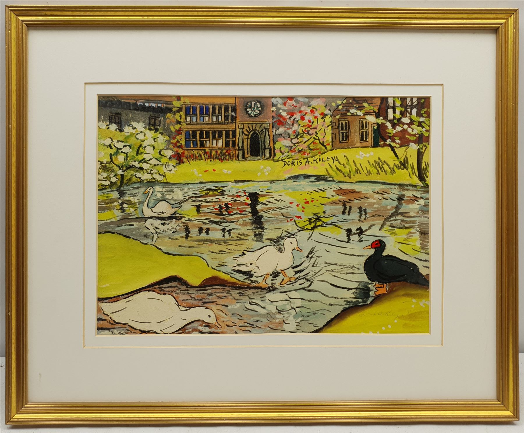 Doris Ada Riley (Northern British 1901-1993): Playtime on the Pond at East Riddlesden Hall, gouache signed 25cm x 36cm