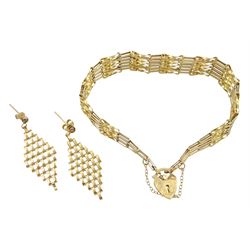Gold six bar gate bracelet with heart padlock clasp and a pair of gold kite shaped chainmail pendant earrings, both 9ct 