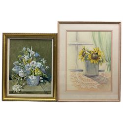 N E Lee (Bristol 20th century): Still Life, oil on board signed and dated '94, 44cm x 34cm; JM Cook (20th century): Sunflowers, watercolour signed and dated 1998, 47cm x 35cm (2)