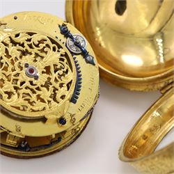 18th century French open face gilt verge fusee pocket watch by Jacques Panier, Paris, Egyptian pillars and pierced balance cock, embossed gilt dial with enamelled Roman numerals cartouches and inner enamel quarter hour track ring, the repousse back case decorated with angels in a classical setting