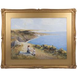 Laurence Warden (British 1879-1953): Mother and Daughter on a Clifftop, watercolour signed and dated 1912, 54cm x 73cm 