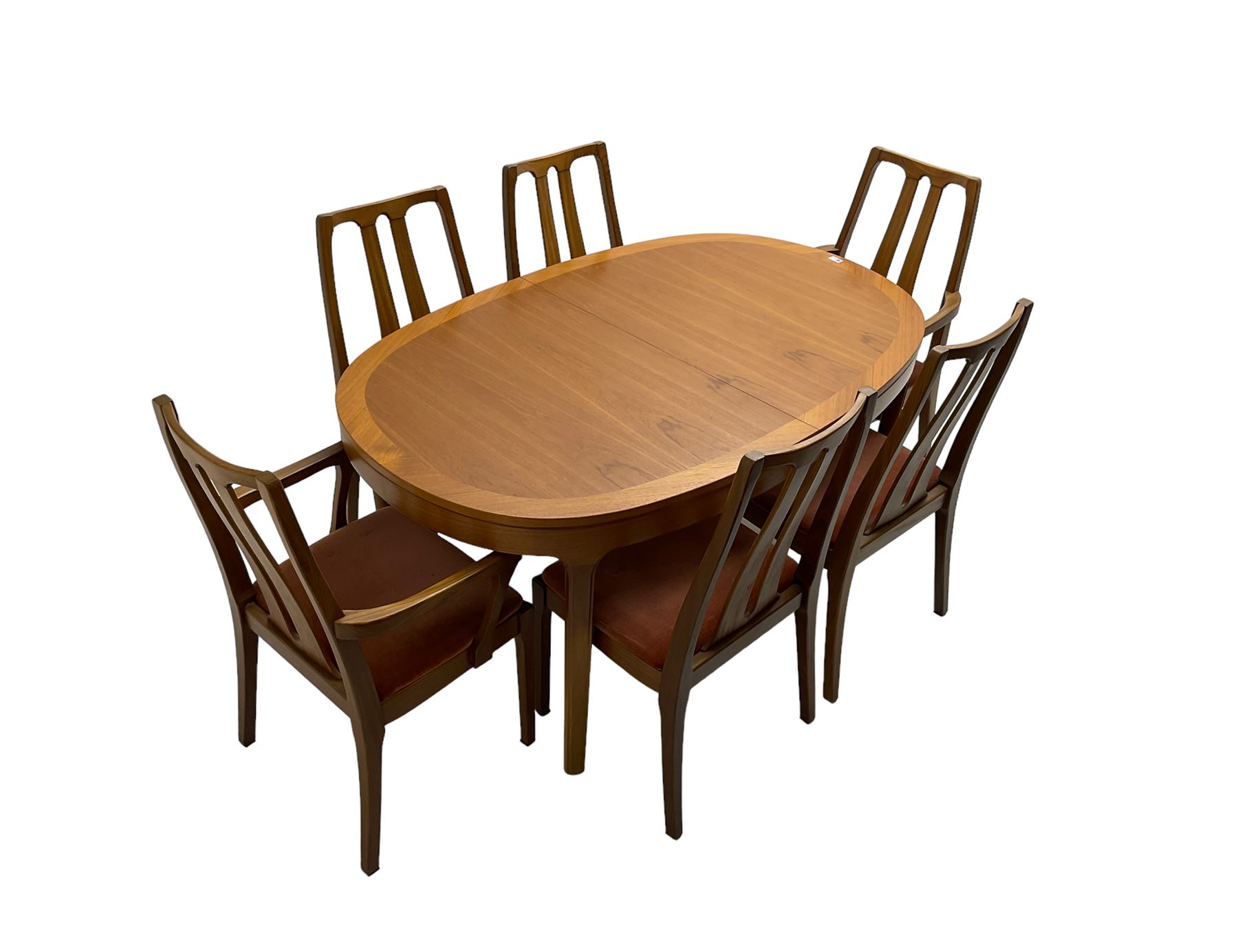Nathan - mid-20th century teak oval extending dining table (W152cm D99cm H75cm); and Nathan - set six (4+2) mid-20th century teak high slat-back chairs, seats upholstered in light red fabric (W55cm H96cm)