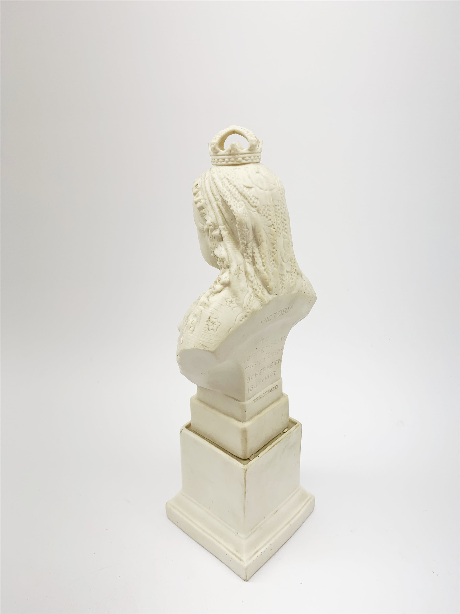 A Robinson and Leadbeater Parian Ware bust, modelled as Queen Victoria, raised upon plinth base detailed in gilt Victoria 1837-1897, and impressed verso Victoria, To Commemorate the 60 year of her reign 1887-1897, with impressed makers mark, H30cm. 